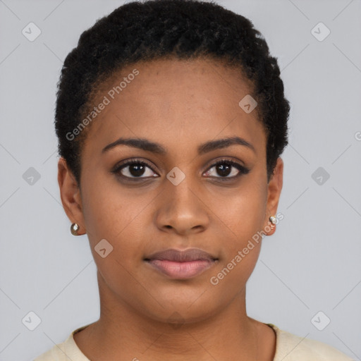 Neutral black young-adult female with short  black hair and brown eyes