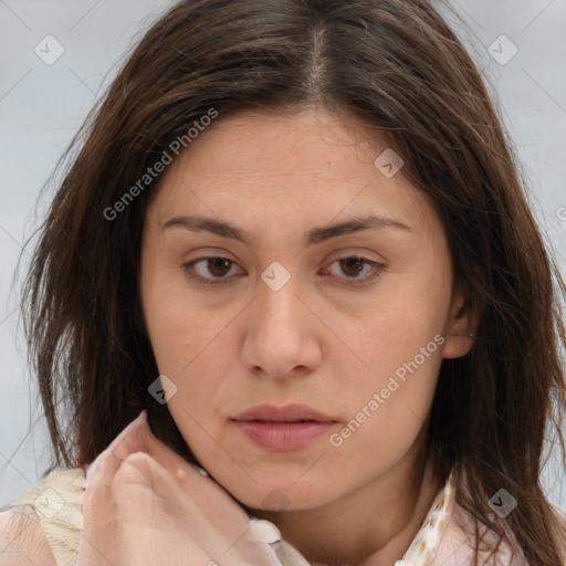 Neutral white young-adult female with medium  brown hair and brown eyes