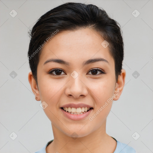 Joyful asian young-adult female with short  brown hair and brown eyes