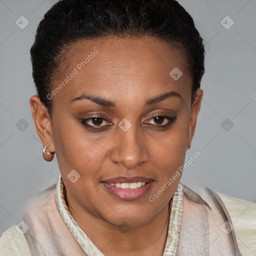 Joyful black young-adult female with short  brown hair and brown eyes