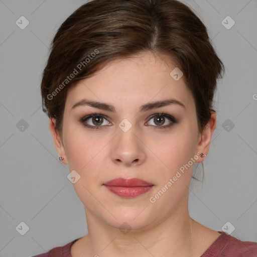 Neutral white young-adult female with medium  brown hair and brown eyes