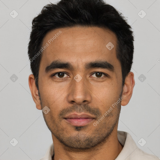 Neutral latino young-adult male with short  black hair and brown eyes