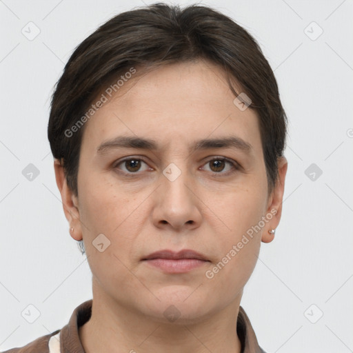 Neutral white young-adult female with short  brown hair and brown eyes