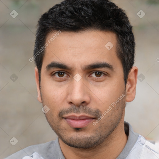 Neutral latino young-adult male with short  black hair and brown eyes