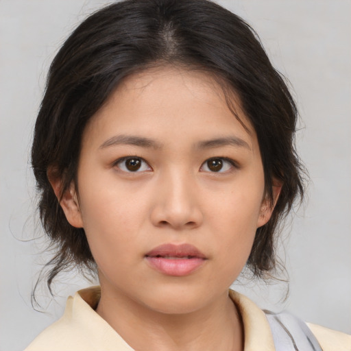 Neutral asian young-adult female with medium  brown hair and brown eyes