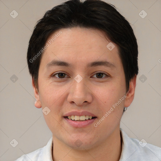 Joyful white young-adult female with short  brown hair and brown eyes