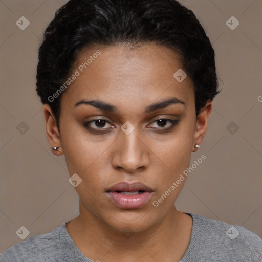 Neutral asian young-adult female with short  black hair and brown eyes