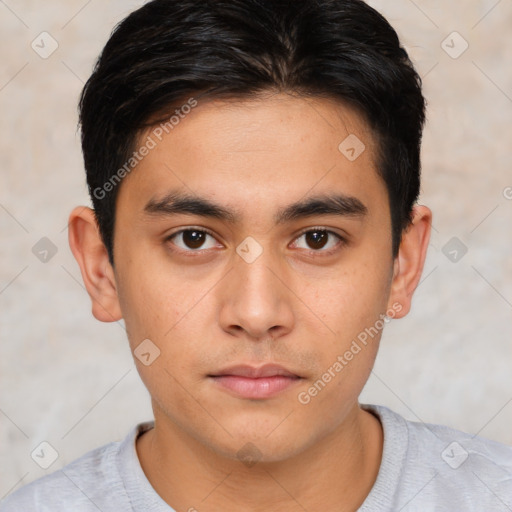 Neutral white young-adult male with short  brown hair and brown eyes