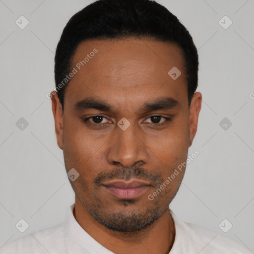 Neutral latino young-adult male with short  black hair and brown eyes