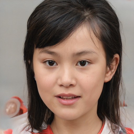 Joyful white child female with medium  brown hair and brown eyes