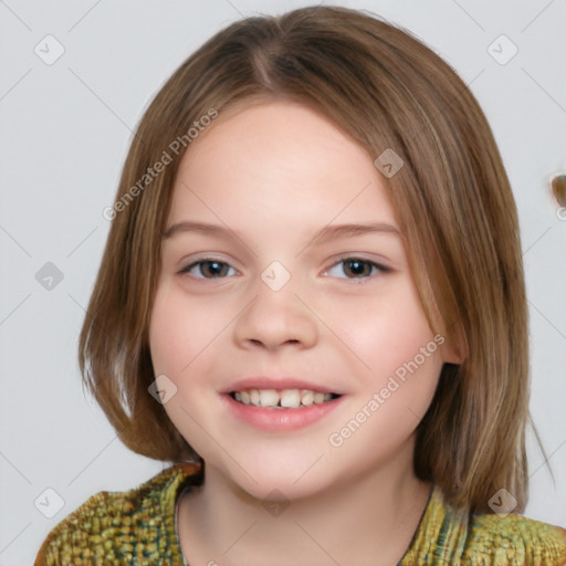 Joyful white child female with medium  brown hair and brown eyes