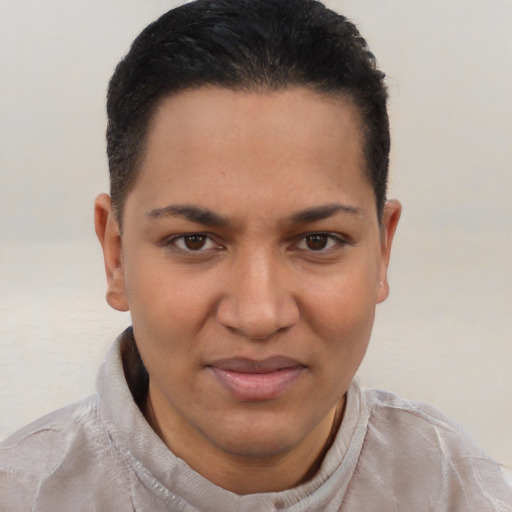 Joyful latino young-adult female with short  brown hair and brown eyes