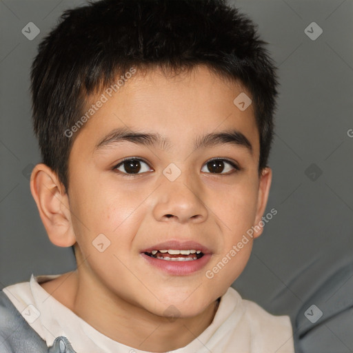 Joyful white child male with short  brown hair and brown eyes