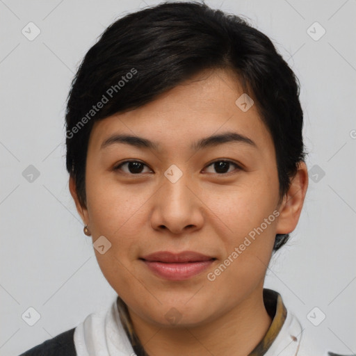 Joyful asian young-adult female with short  black hair and brown eyes