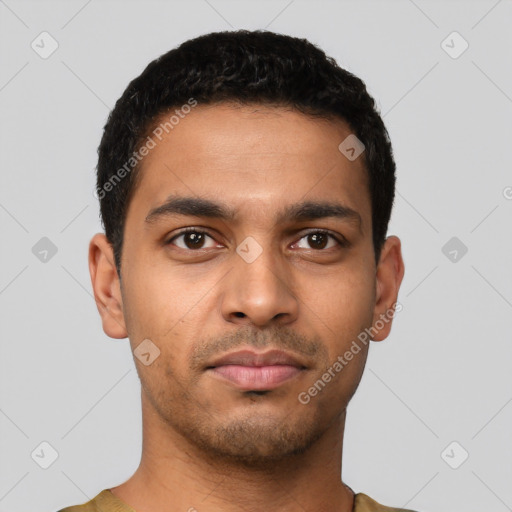 Neutral latino young-adult male with short  black hair and brown eyes