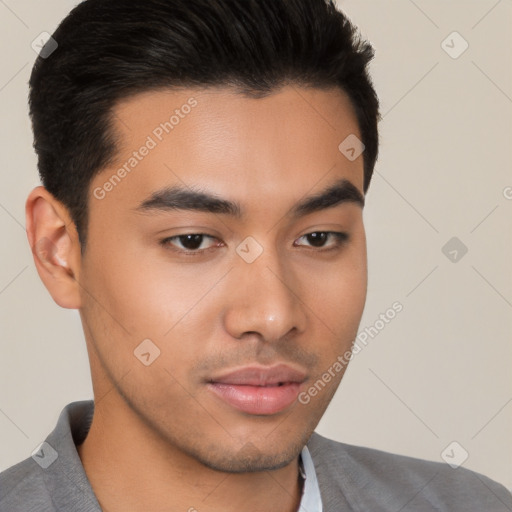 Neutral latino young-adult male with short  brown hair and brown eyes