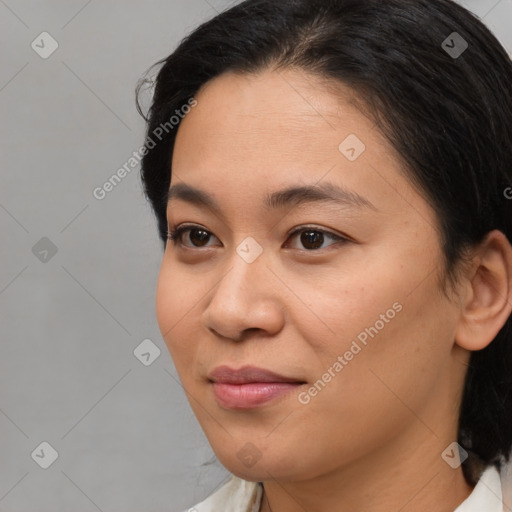 Joyful white young-adult female with medium  brown hair and brown eyes