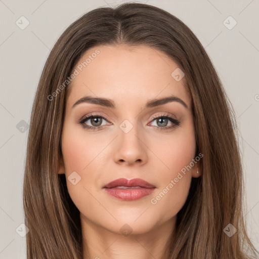 Neutral white young-adult female with long  brown hair and brown eyes