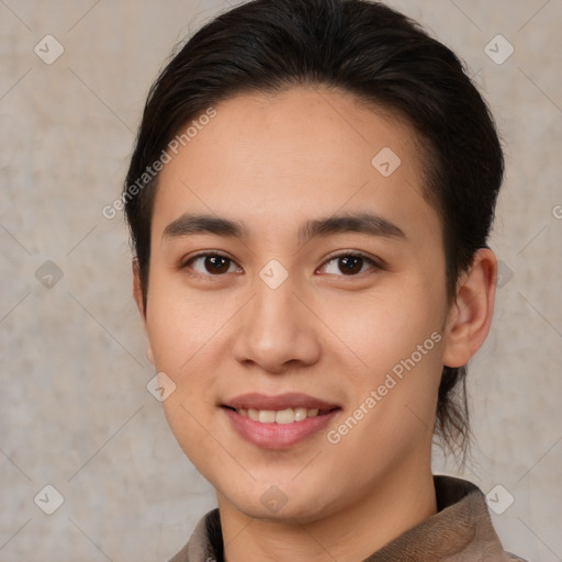 Joyful white young-adult female with short  brown hair and brown eyes