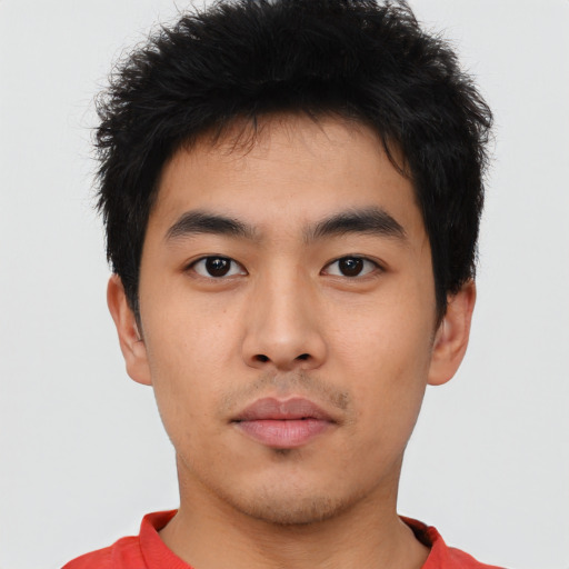 Neutral asian young-adult male with short  black hair and brown eyes