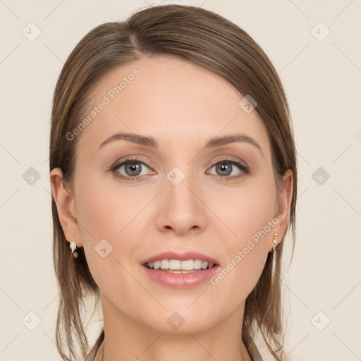 Joyful white young-adult female with long  brown hair and grey eyes