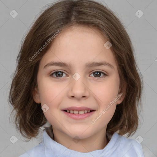 Joyful white child female with medium  brown hair and brown eyes