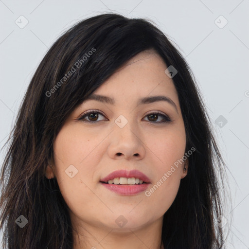 Joyful asian young-adult female with long  brown hair and brown eyes