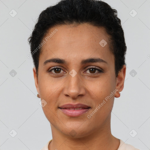 Joyful latino young-adult female with short  brown hair and brown eyes