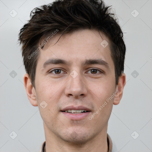 Neutral white young-adult male with short  brown hair and brown eyes