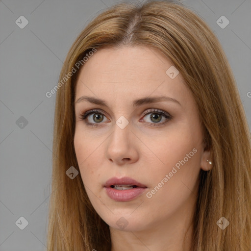 Neutral white young-adult female with long  brown hair and brown eyes