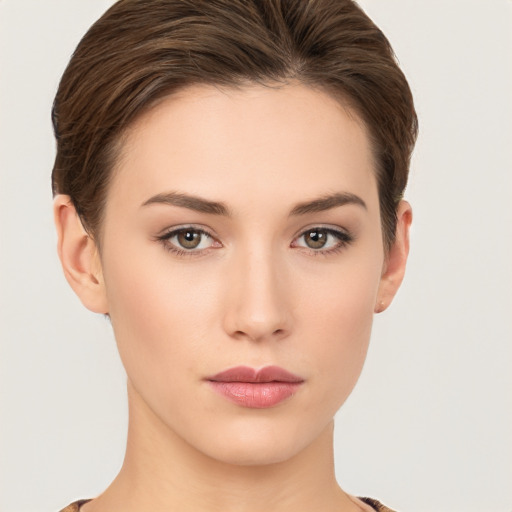 Neutral white young-adult female with short  brown hair and brown eyes