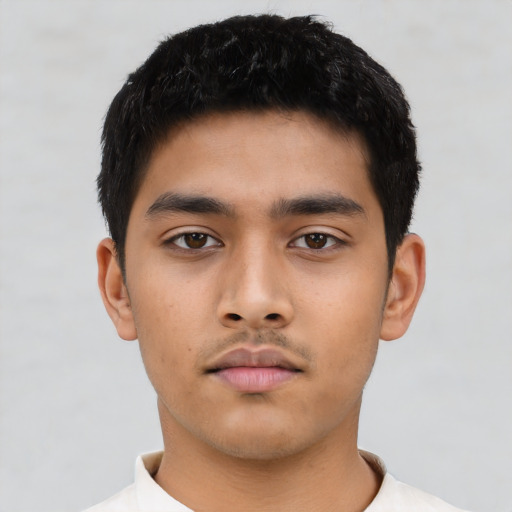 Neutral asian young-adult male with short  black hair and brown eyes