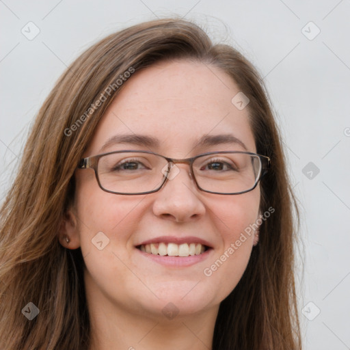 Joyful white young-adult female with long  brown hair and grey eyes