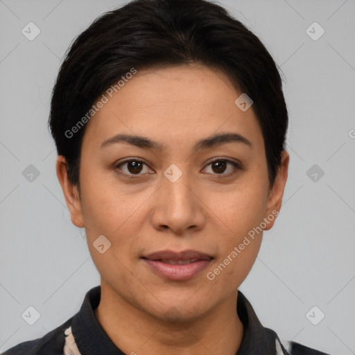 Joyful latino young-adult female with short  brown hair and brown eyes