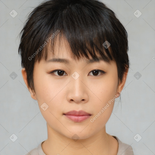 Neutral asian young-adult female with medium  brown hair and brown eyes