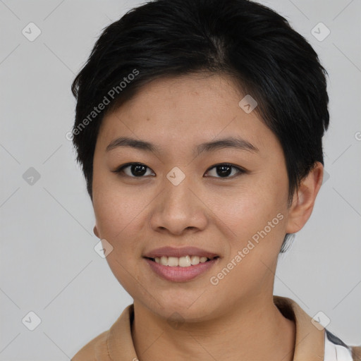 Joyful asian young-adult female with short  brown hair and brown eyes