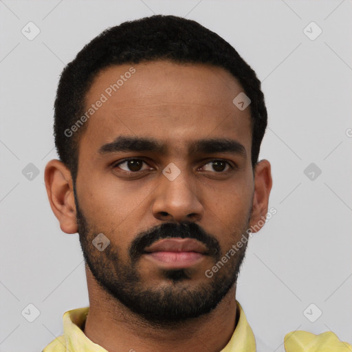 Neutral black young-adult male with short  black hair and brown eyes