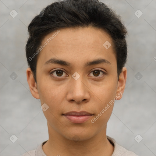 Joyful asian young-adult male with short  brown hair and brown eyes