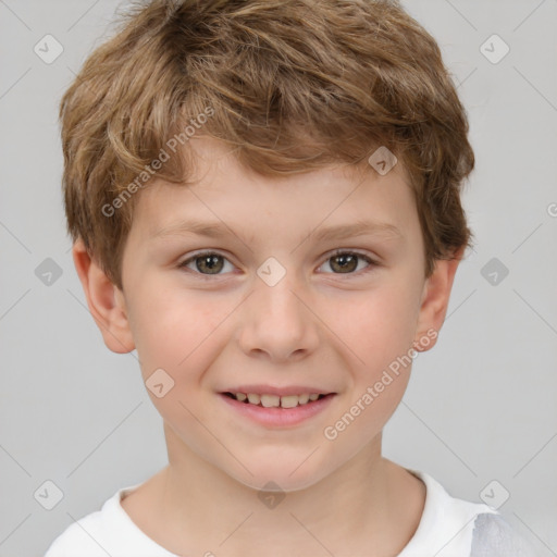 Joyful white child male with short  brown hair and brown eyes