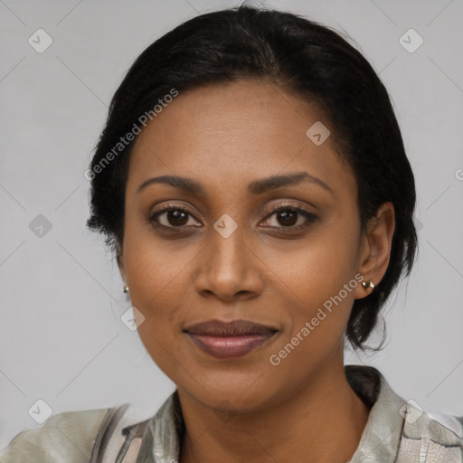 Joyful latino young-adult female with medium  black hair and brown eyes