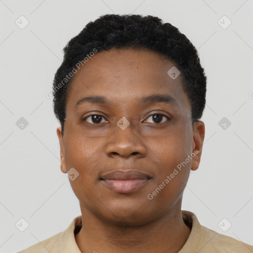 Neutral black young-adult male with short  black hair and brown eyes