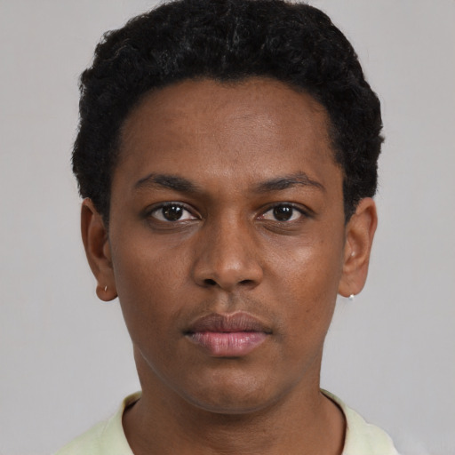 Neutral black young-adult male with short  black hair and brown eyes