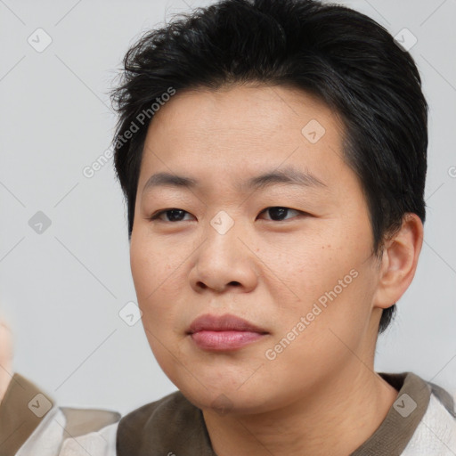 Neutral asian young-adult male with short  brown hair and brown eyes