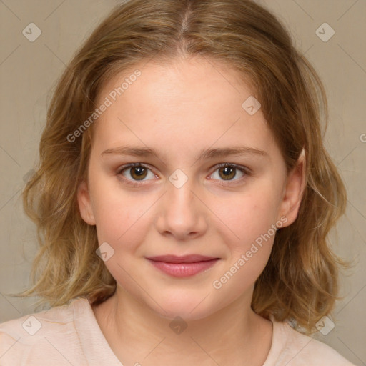 Joyful white child female with medium  brown hair and brown eyes