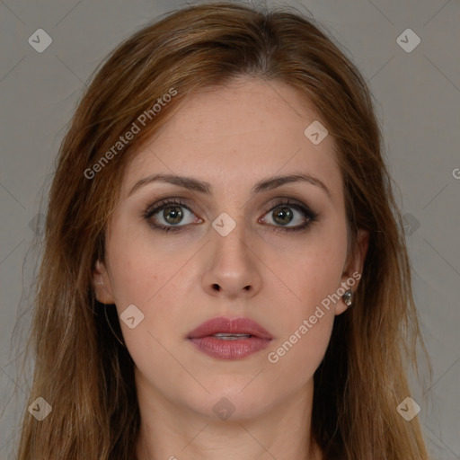 Neutral white young-adult female with long  brown hair and brown eyes