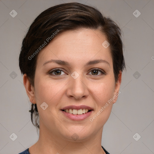 Joyful white young-adult female with medium  brown hair and brown eyes