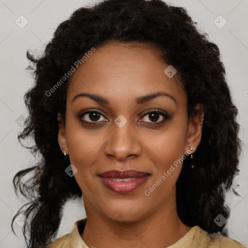 Joyful black young-adult female with medium  brown hair and brown eyes