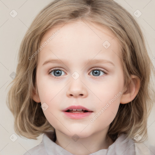 Neutral white child female with medium  brown hair and blue eyes