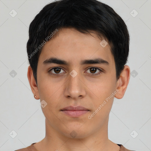 Neutral asian young-adult male with short  black hair and brown eyes