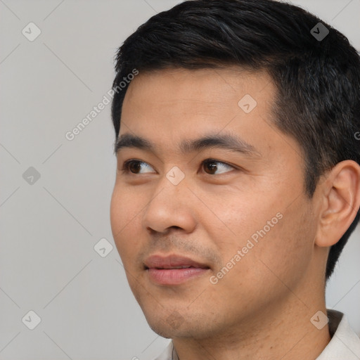 Neutral asian young-adult male with short  black hair and brown eyes